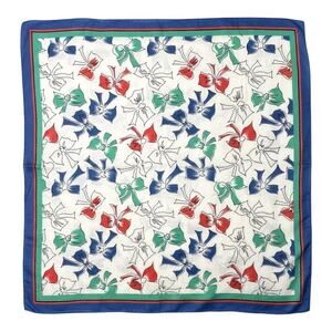 Albert Nipon Vintage 100% Cotton Colorful Blue Green Red Bow Print Square Scarf